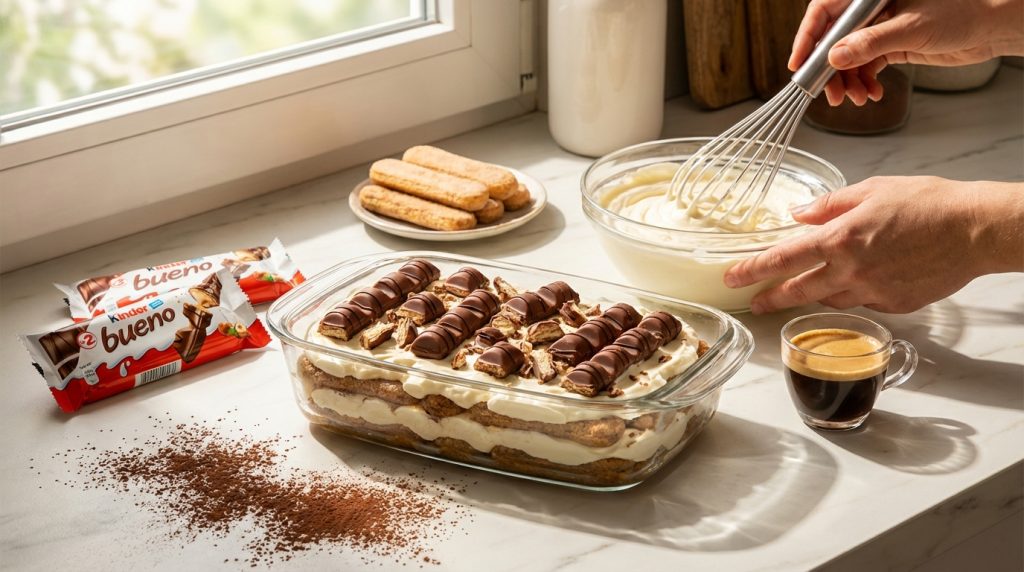 découvrez comment préparer un tiramisu kinder bueno gourmand et facile à réaliser, parfait pour toutes vos envies de dessert chocolaté et crémeux.